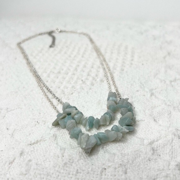 Handmade Amazonite Chip Necklace Dainty Beaded Gemstone Silver Plated Layered - Picture 2 of 6